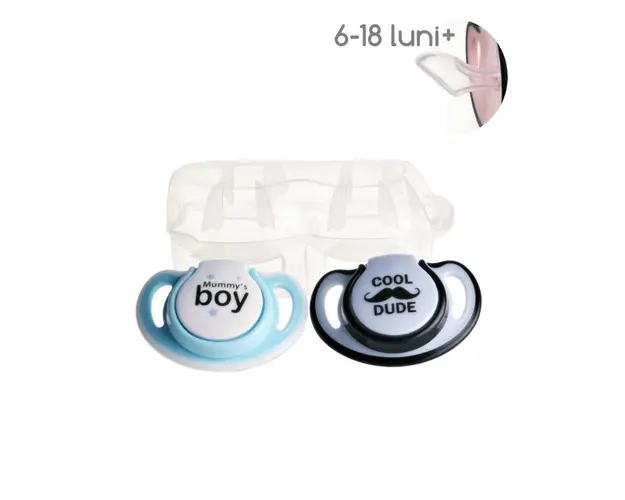 Set 2 suzete ortodontice din silicon si cutie sterilizare Minut Baby 6-18+ blue