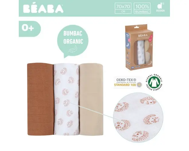 Set 3 museline bumbac organic 70x70 cm Herisson Marron Beaba