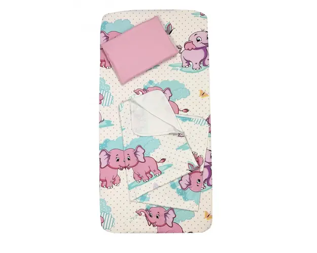 Set 3 piese paturica cu cearsaf si pernuta 120x60 cm Elefantei roz albastru