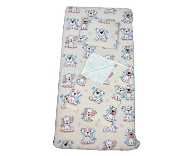 Set 3 piese paturica cu cearsaf si pernuta 140x70 cm Catelusi