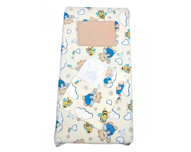 Set 3 piese paturica cu cearsaf si pernuta 140x70 cm Ursi cu albine crem