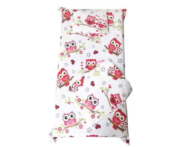 Set 3 piese paturica cu cearsaf si pernuta 160x80 cm Bufnite cu rosu