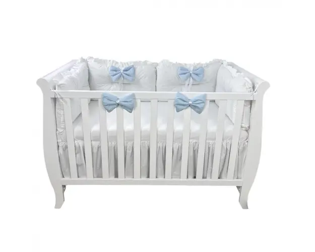 Set 4 perne aparatori super groase albe + cearsaf cu volanas si fundite 140x70 cm albastru pal