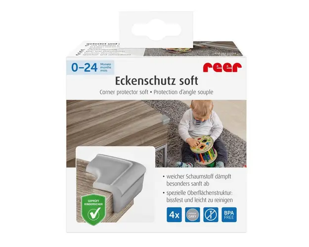 Set 4 protectii de colturi Reer din spuma poliuretan cu banda adeziva 3M gri