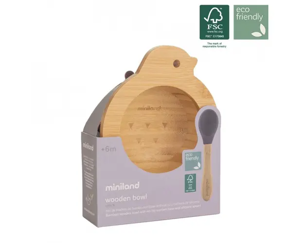 Set bamboo lingurita si bol cu baza cilicon Miniland Chick