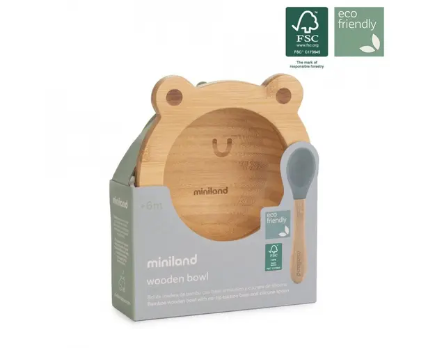 Set bamboo lingurita si bol cu baza cilicon Miniland Frog