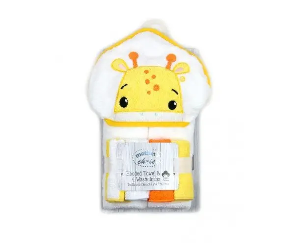 Set cadou bebelusi cu 4 mini prosopele si prosop cu gluga din bumbac girafa