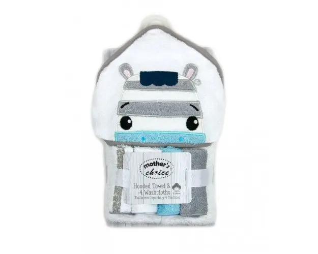 Set cadou bebelusi cu 4 mini prosopele si prosop cu gluga din bumbac zebra