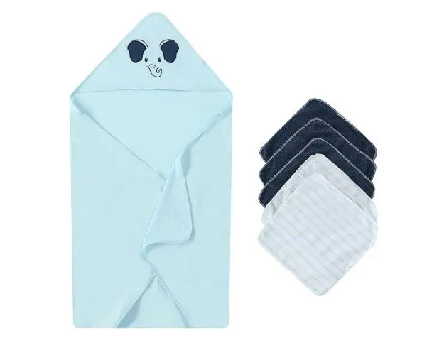 Set cadou bebelusi cu 5 mini prosopele si prosop cu gluga elefant