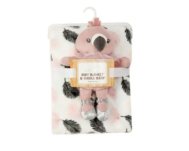 Set cadou bebelusi Infancie cu paturica si jucarie de plus flamingo