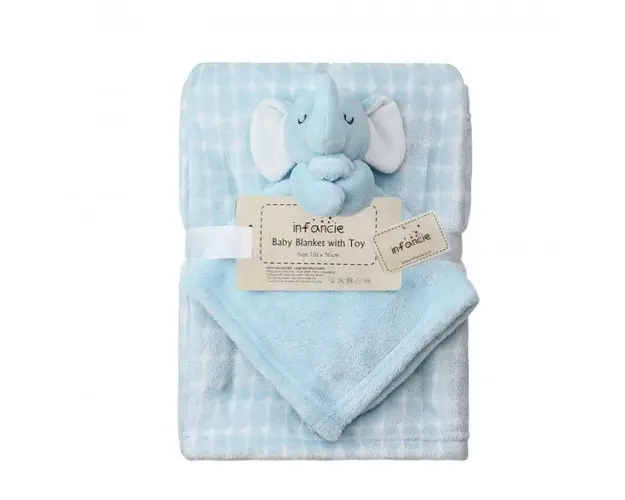 Set cadou pentru bebelusi cu paturica din fleece si jucarie elefantel bleu