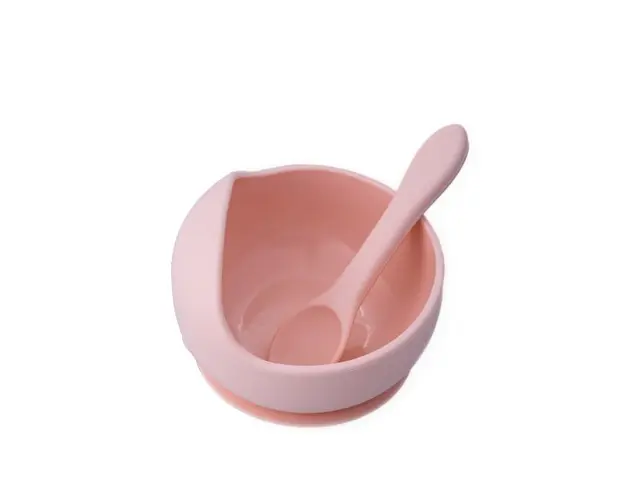 Set castron, farfurie cu ventuza, lingurita si capac roz pal
