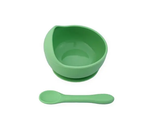Set castron, farfurie cu ventuza, lingurita si capac verde pal