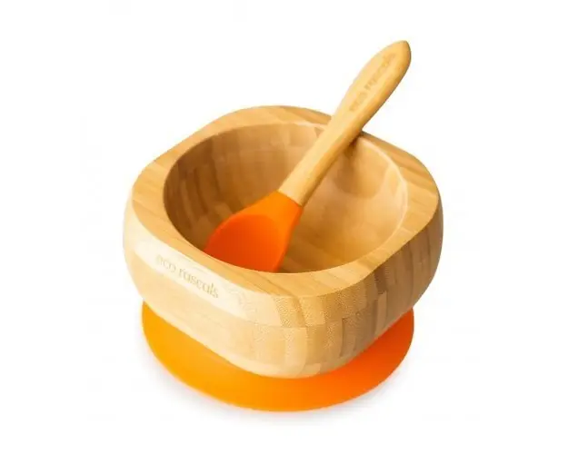 Set castron si lingura din bambus portocaliu eco rascals
