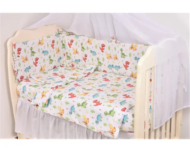 Set complet lenjerie si aparatori patut 120x60 cm model dinozauri