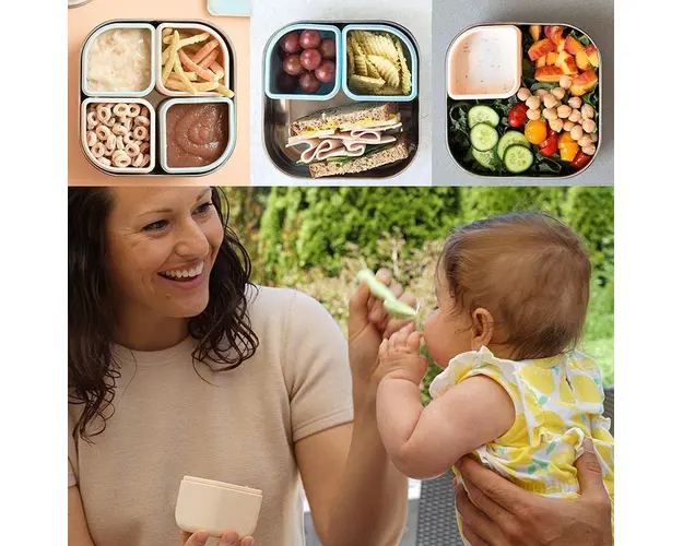 Set cutie cu 2 silipods pentru mancare bebelusi Miniware Grow bento 3 piese Keylime+Grey