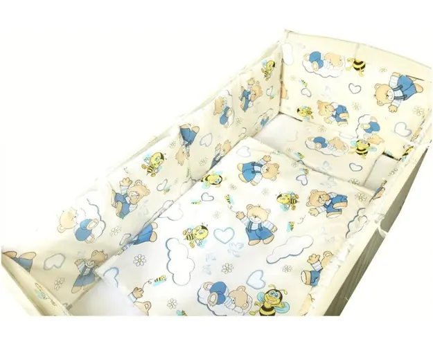 Set de aparatori pufoase h35 pat 140x70 cm DeLuxe Ursi cu albine pe crem