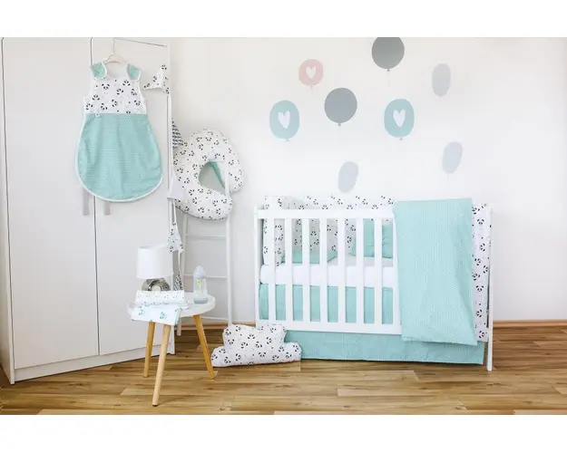 Set de pat pentru bebelusi Blue Panda - 3 piese, 100 bumbac