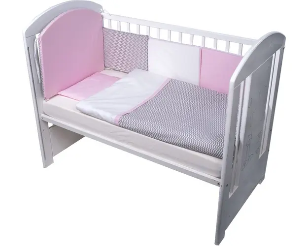 Set de pat pentru bebelusi Chevron Grey Pink 10 piese