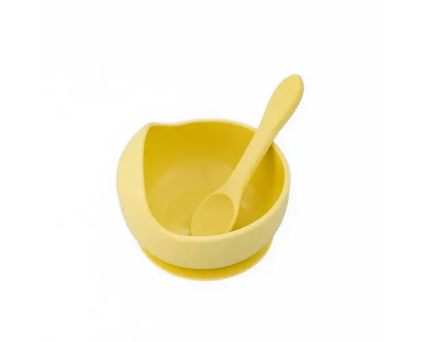 Set diversificare pentru copii castron cu ventuza si lingurita din silicon Oaki galben pal