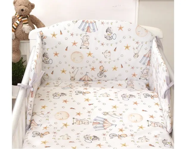 Set lenjerie din bumbac cu protectie laterala Amy pentru pat bebe 120 x 60 cm Circ Blue