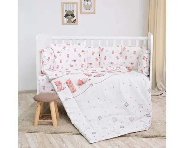 Set lenjerie pat 8 piese 70x140 cm bumbac ranforce Bears Piollws Beige