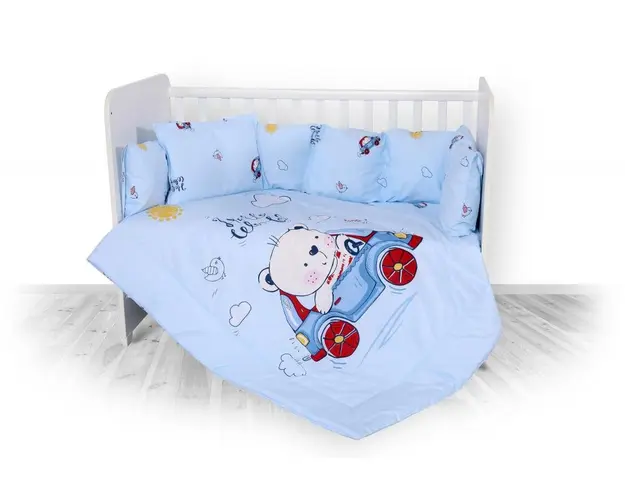 Set lenjerie pat bumbac ranforce 7 piese Lili Bear Car Blue