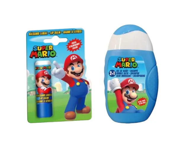 Set produse ingrijire copii gel de dus sampon balsam de buze si borseta depozitare Super Mario 110 ml
