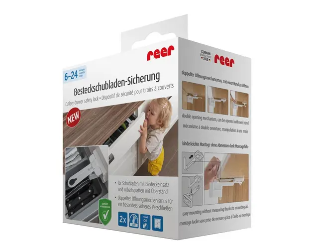 Set sigurante pentru sertare de tacamuri 2 bucati albe montare cu adeziv sau surub Reer 71090