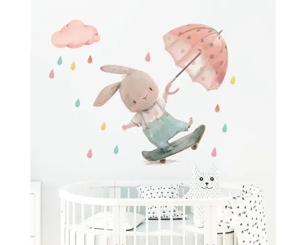 Sticker decorativ pentru copii autoadeziv Iepuras pe skateboard 62x62 cm