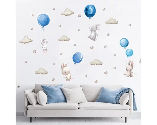 Sticker decorativ pentru copii autoadeziv Iepurasi cu baloane albastru 70x49 cm