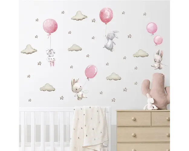 Sticker decorativ pentru copii autoadeziv Iepurasi cu baloane roz 70x49 cm