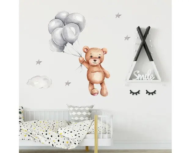 Sticker decorativ pentru copii autoadeziv Ursulet cu baloane 50x67 cm