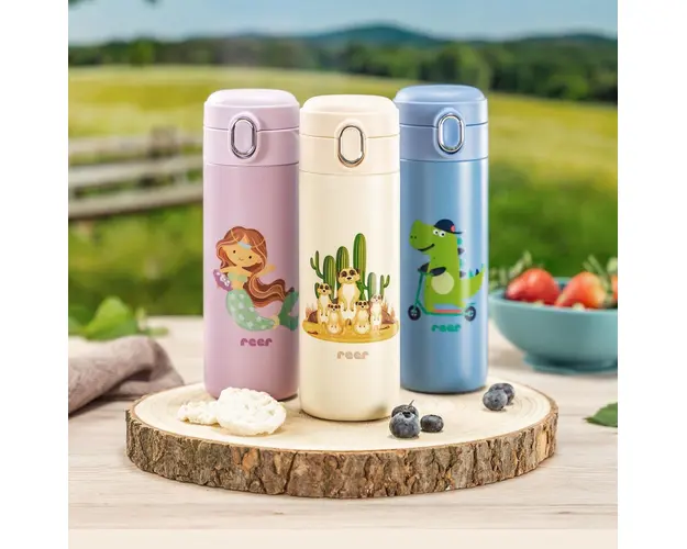 Sticla de baut cu pai Reer din otel inoxidabil 350ml alb-crem