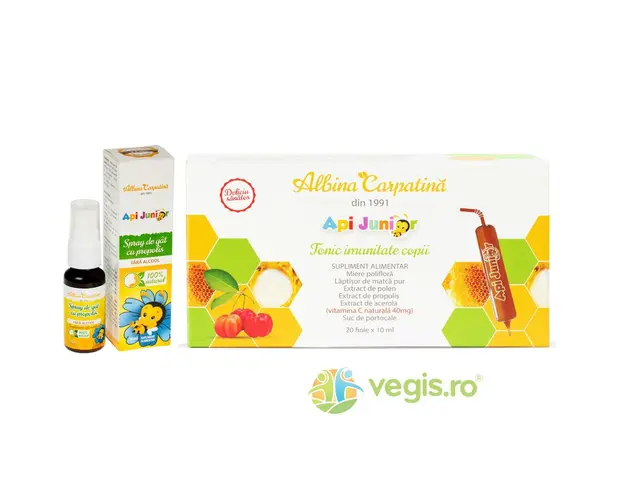 Apijunior Imunitate pentru Copii 20 fiole (cu pai) x 10ml + Apijunior Spray de Gat cu Propolis fara Alcool 20ml