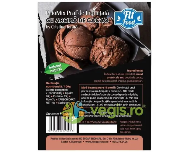 KetoMix Praf pentru Inghetata cu Cacao Indulcita cu Eritritol 120g