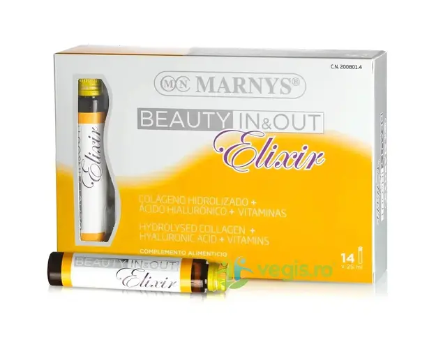 Beauty In&Out Elixir - Colagen Hidrolizat Tip 1 cu 5000mg, Acid Hialuronic, Seminte de Struguri, Biotina, Vitamine si Minerale 14 fiole