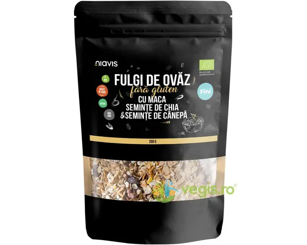 Fulgi de Ovaz Fini fara Gluten cu Maca, Chia si Seminte de Canepa Ecologici/Bio 200g
