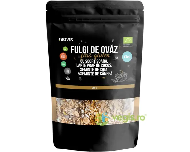 Fulgi de Ovaz Fini fara Gluten cu Scortisoara, Lapte Praf de Cocos, Seminte de Chia si Seminte de Canepa Ecologici/Bio 200g
