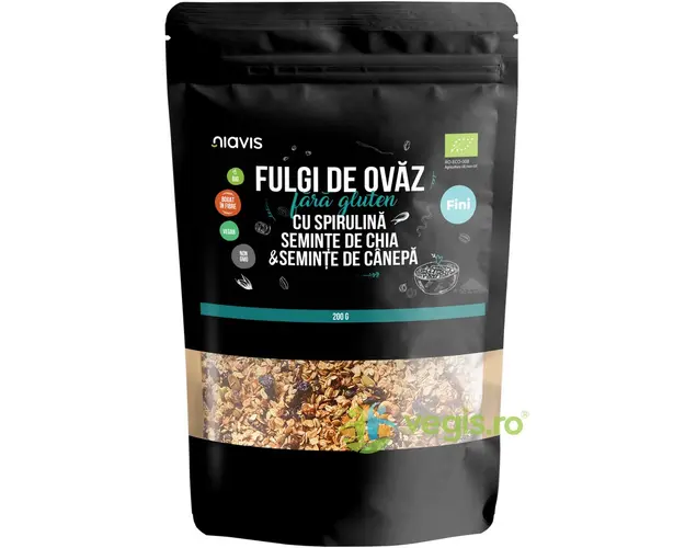 Fulgi de Ovaz Fini fara Gluten cu Spirulina, Chia si Seminte de Canepa Ecologici/Bio 200g