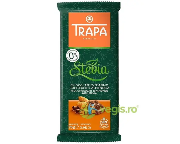 Ciocolata cu Lapte si Migdale cu Stevie fara Zahar 75g