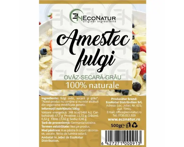 Amestec fulgi de ovaz, secara si grau, 500 g, Econatur
