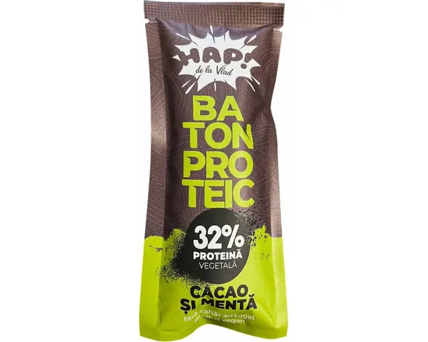 Baton proteic cu cacao si menta, 32% proteine, raw vegan, 45g - HAP!