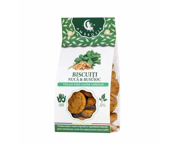 BISCUITI VEGANI CU NUCA SI BUSUIOC, fara zahar  130g - Hiper Ambrozia