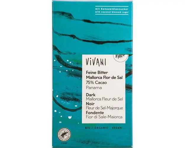 Ciocolata amaruie cu 75 % cacao si flori de sare, eco-bio, 80 g,