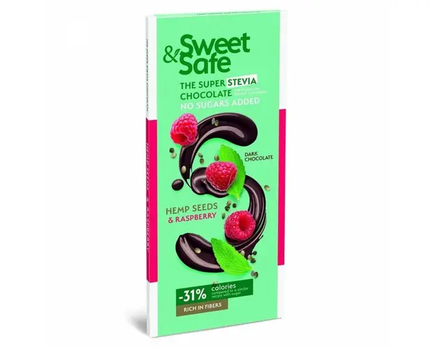 Ciocolata amaruie cu seminte de canepa si zmeura, 90g - SLY NUTRITIA