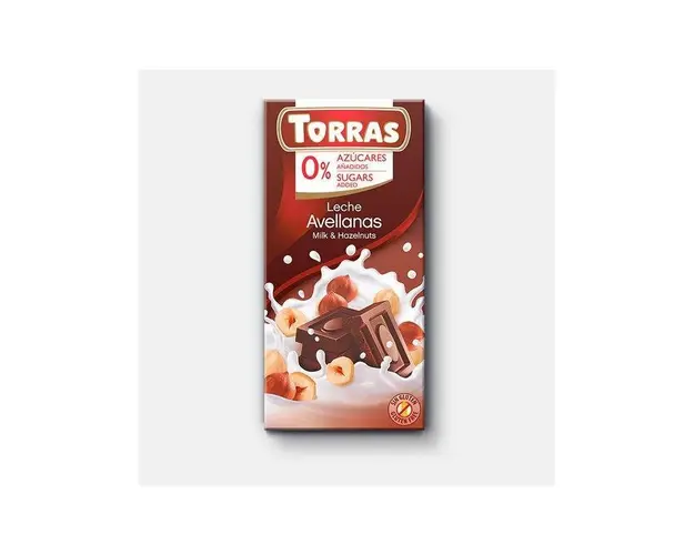 Ciocolata fara zahar cu lapte si alune 75g, Torras