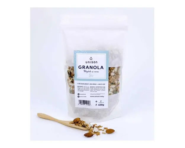 Granola cu migdale si fulgi de cocos, fara zahar, 450g - Unison