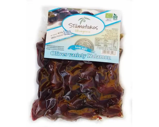 Masline Kalamata vidate cu continut redus de sare bio 250g, Stamatakos