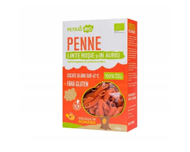 Penne din LINTE ROSIE si IN AURIU eco-bio 250g - Petras